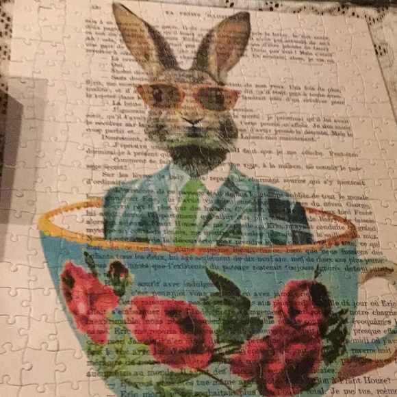 Other - Rabbit French tea cup puzzle winter ski lodge art project whimsical wonderland